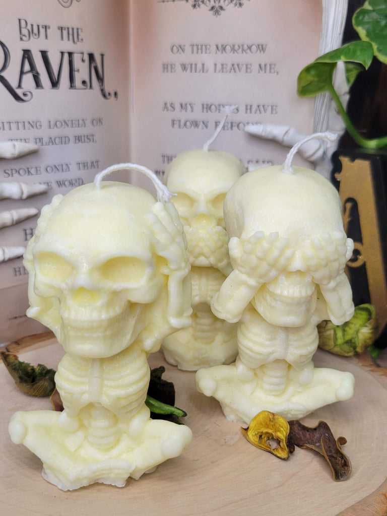 Skeleton Palm Wax Candle Hear No Evil See No Evil Speak No Evil candle , shaped candle, sculptural candle