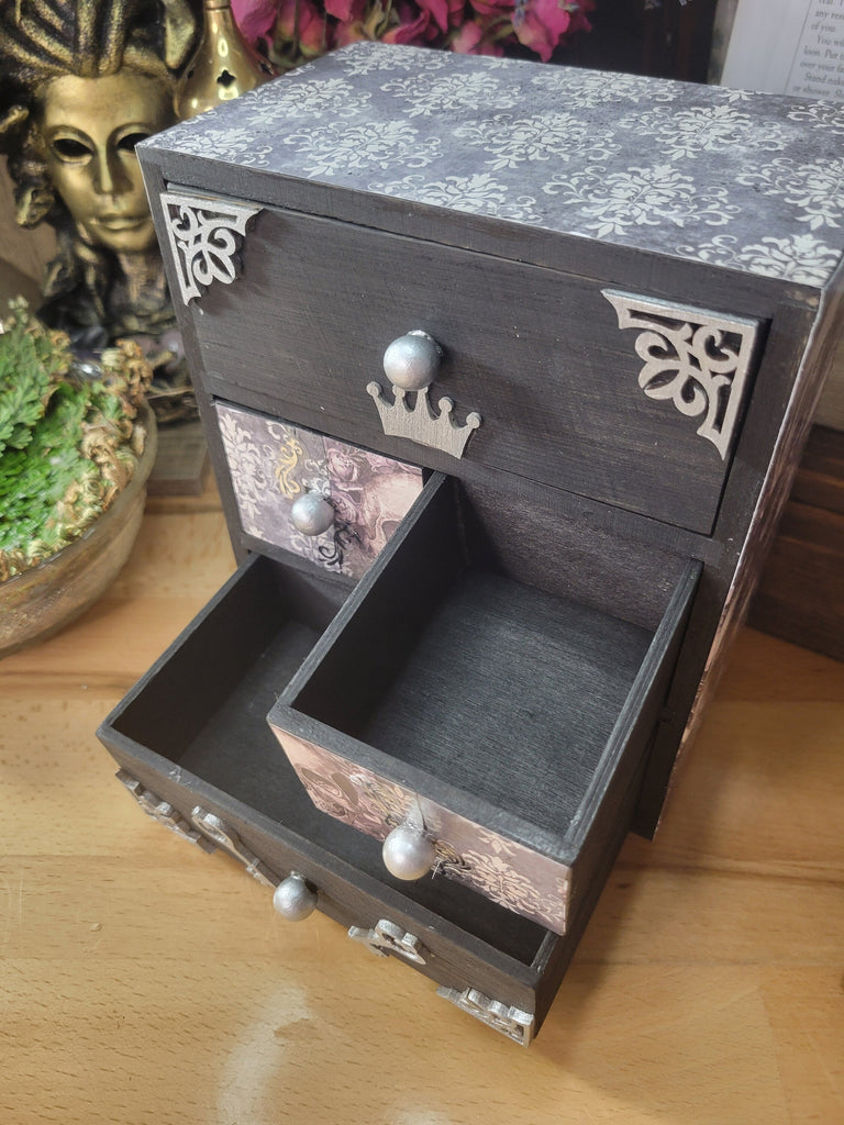 Wooden Chest Witchy Hand-decorated and Painted Wooden 4 Drawer Box Mystical and Flowers Decoration