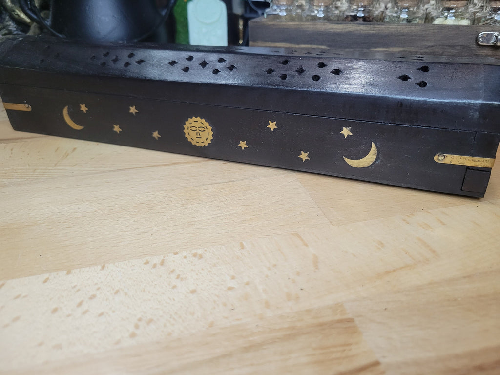 Celestial Black Wood Incense Burner Black Wooden Burner Box, Incense Storage Box, Sun and Moon Ash Catcher