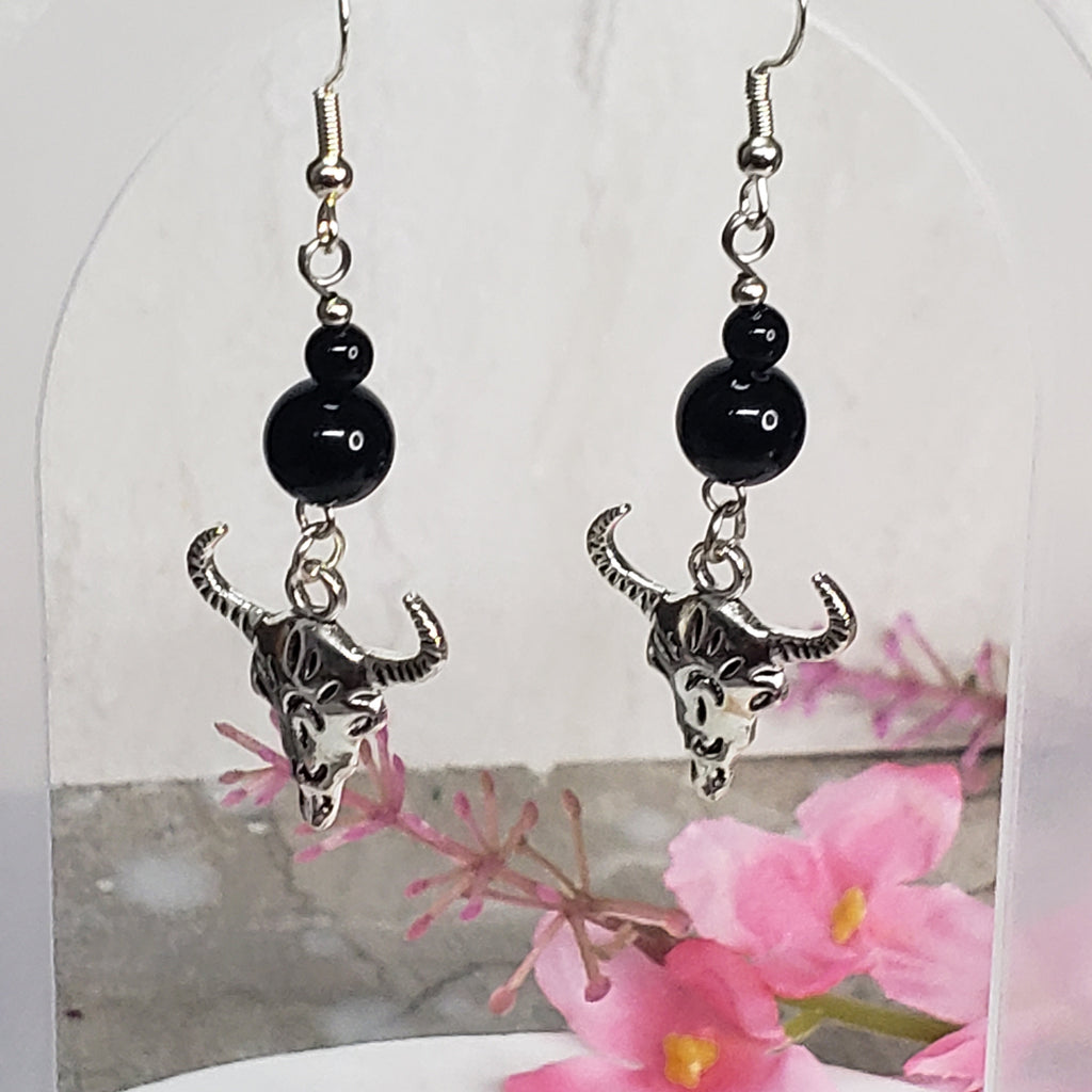 Animal Skull Head Black Agate Earrings, Western Statement Earrings, Black Agate Earrings, Dangle Earrings