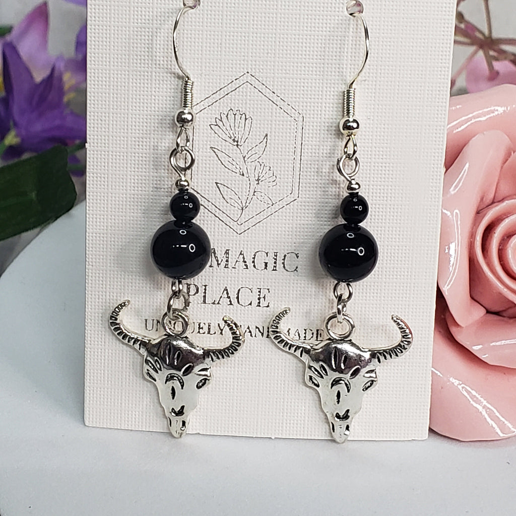 Animal Skull Head Black Agate Earrings, Western Statement Earrings, Black Agate Earrings, Dangle Earrings