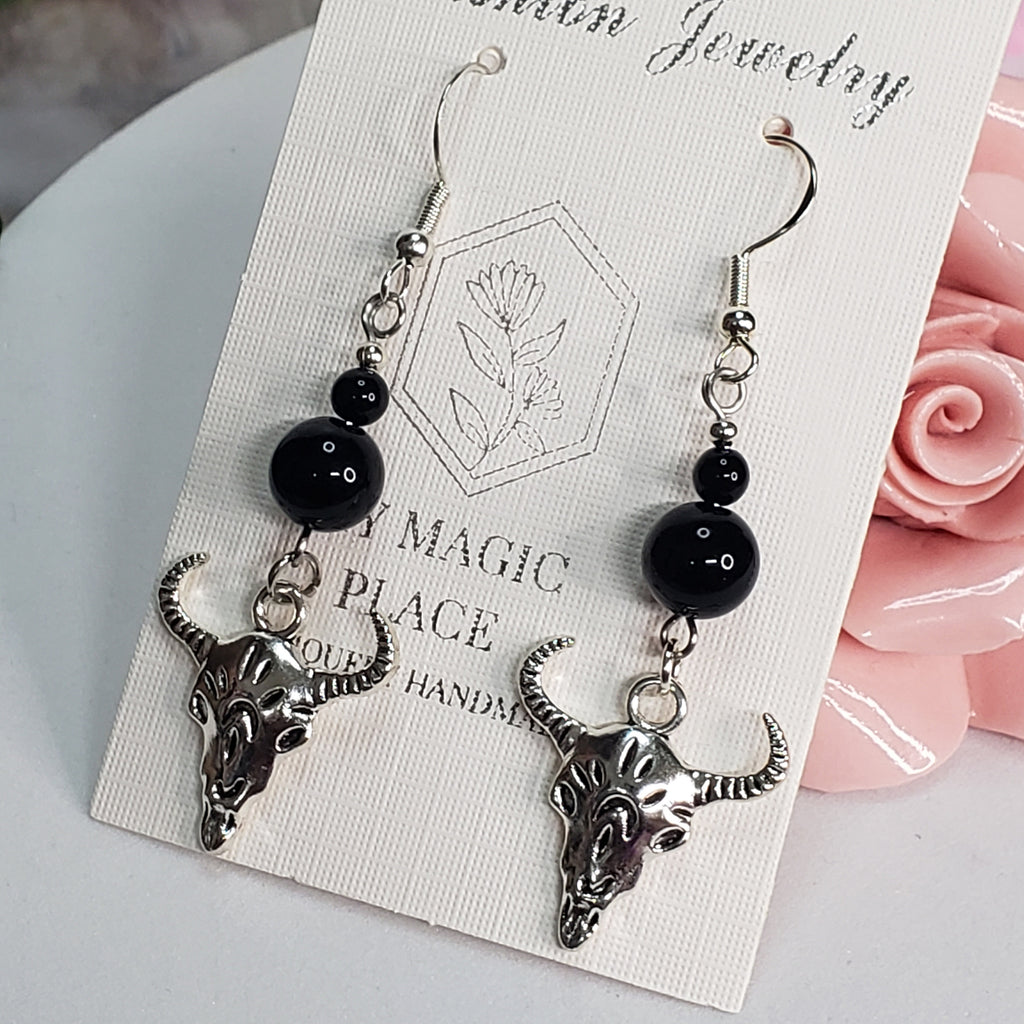 Animal Skull Head Black Agate Earrings, Western Statement Earrings, Black Agate Earrings, Dangle Earrings