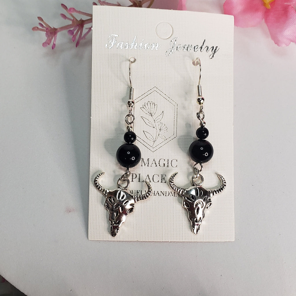 Animal Skull Head Black Agate Earrings, Western Statement Earrings, Black Agate Earrings, Dangle Earrings