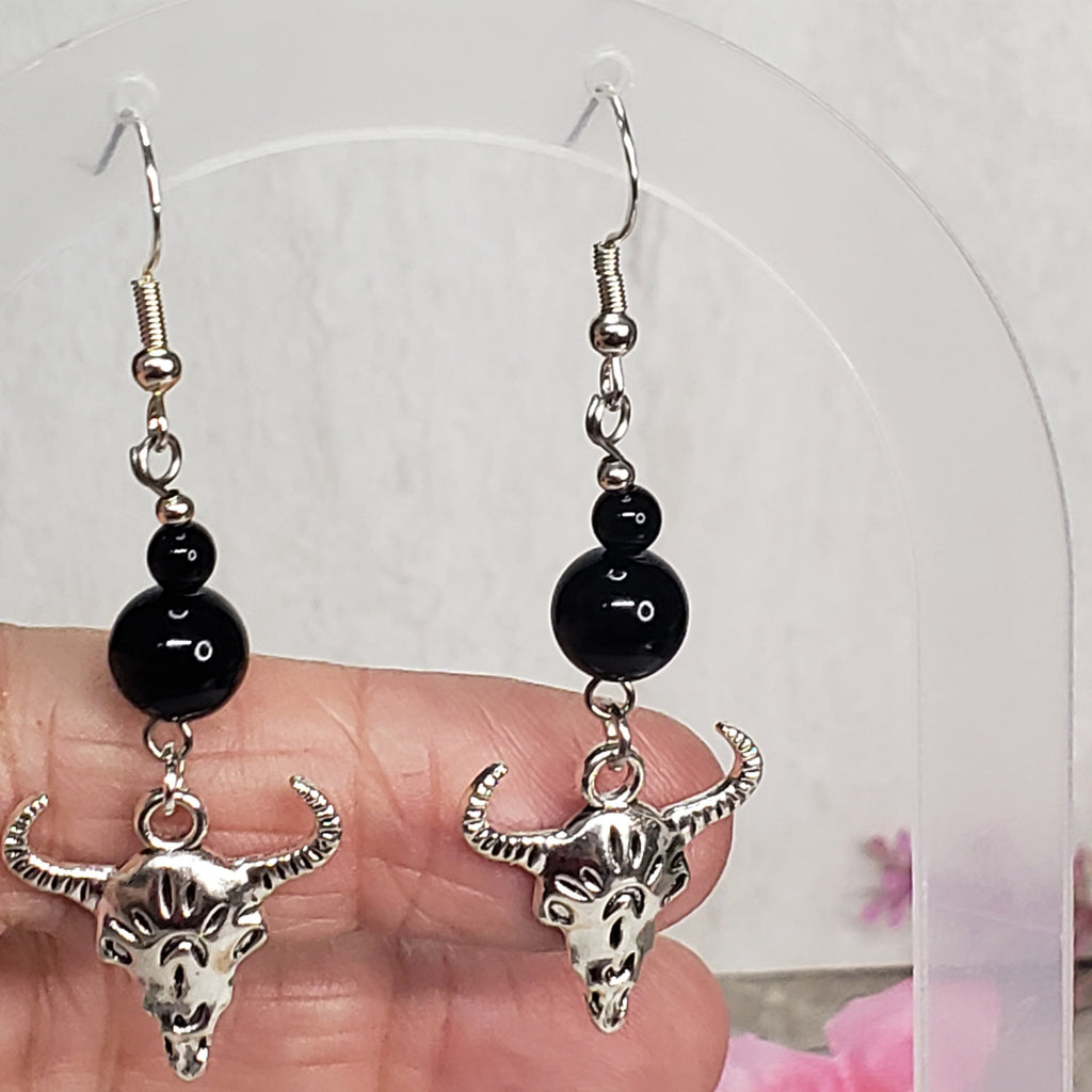 Animal Skull Head Black Agate Earrings, Western Statement Earrings, Black Agate Earrings, Dangle Earrings