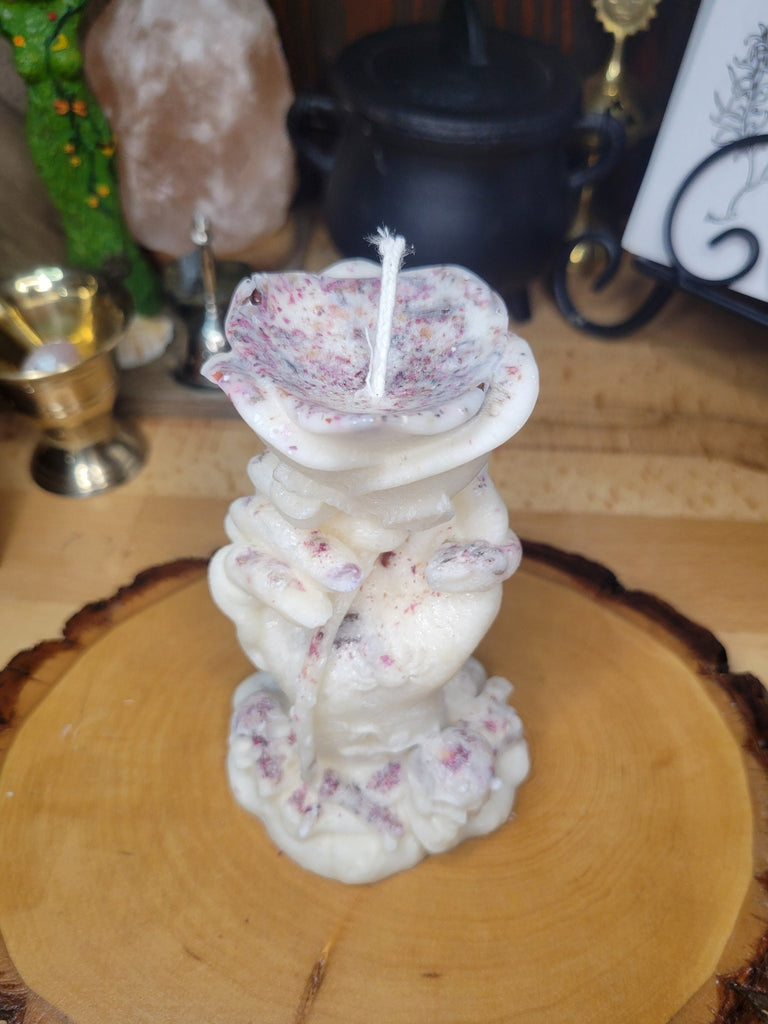 Hand Holding Flower filled with Rose Petals Candle, Hand shaped Candle, Big Candle, Palm wax