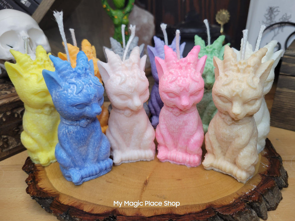 Witchy Cat with Horns, Pillar Colored Cat Candle, Witch Candle, Cat with Horns Candle Palm Wax Candle