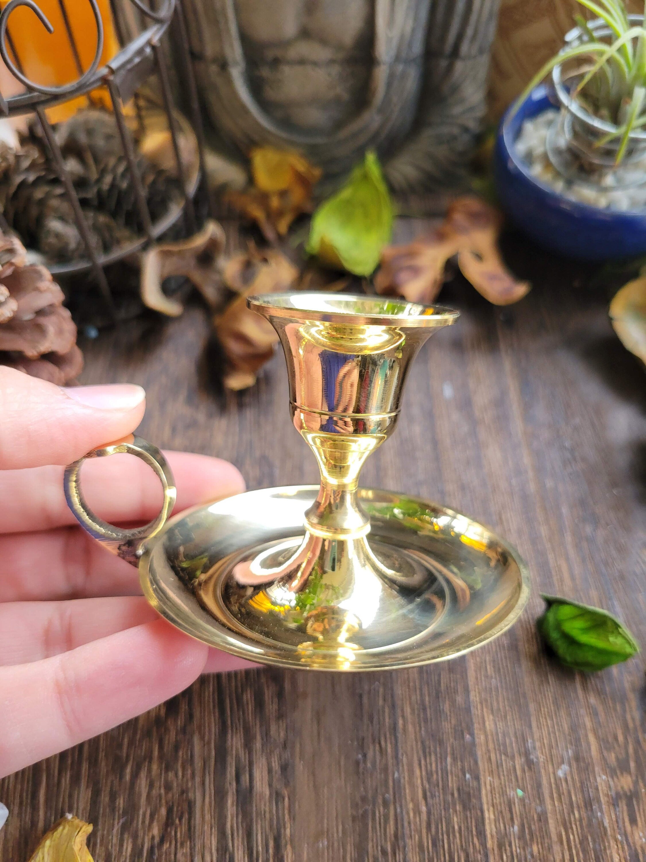SOLID BRASS CHAMBERSTICK / Finger Ring Candle Holder / Antique