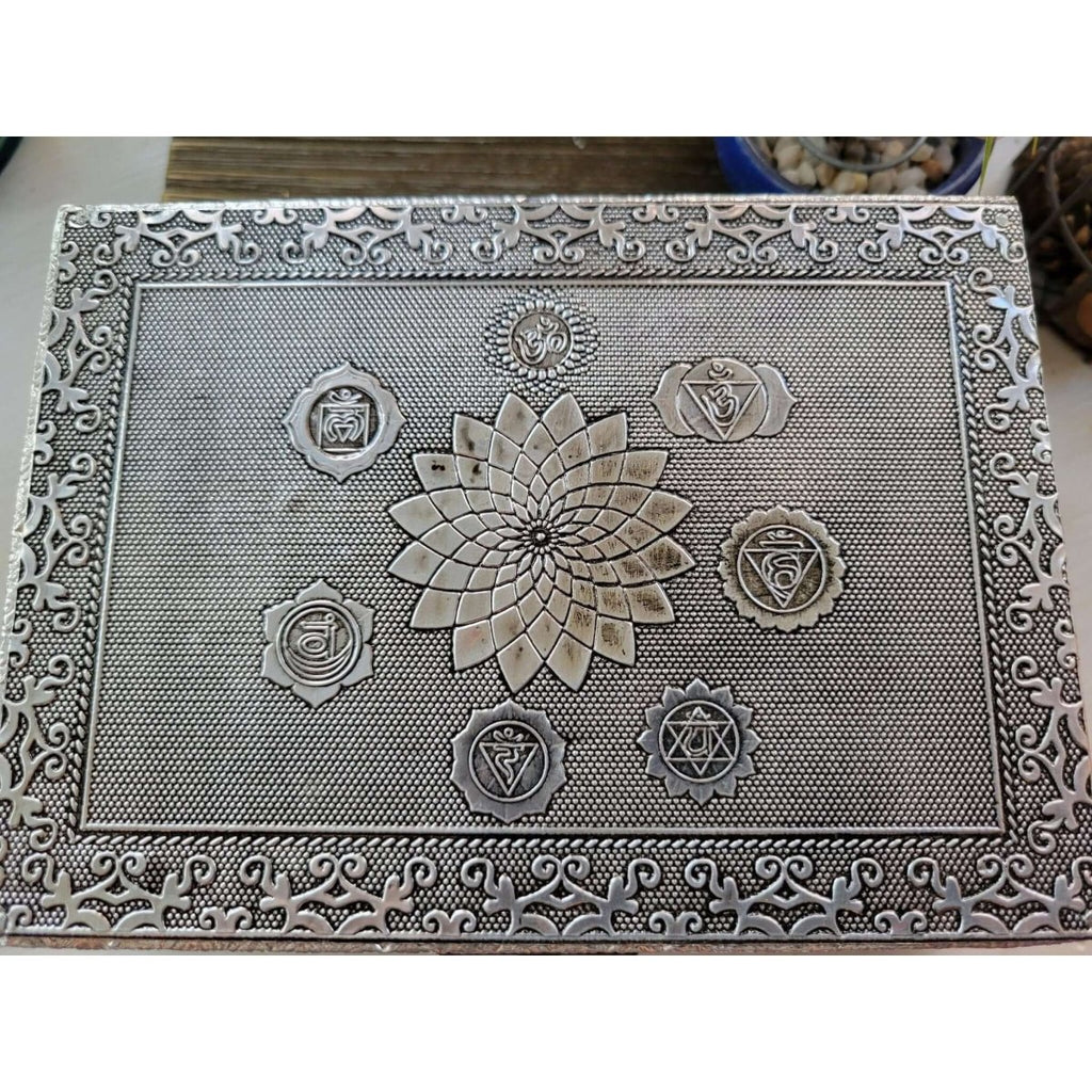 Seven Chakra Carved Metal over Wood/ Tarot Box/ Altar Box -