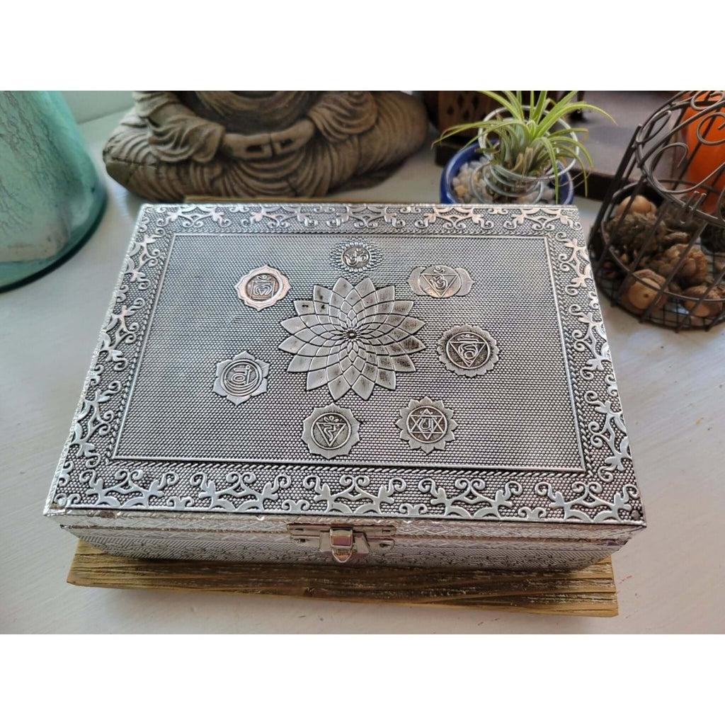 Seven Chakra Carved Metal over Wood/ Tarot Box/ Altar Box -