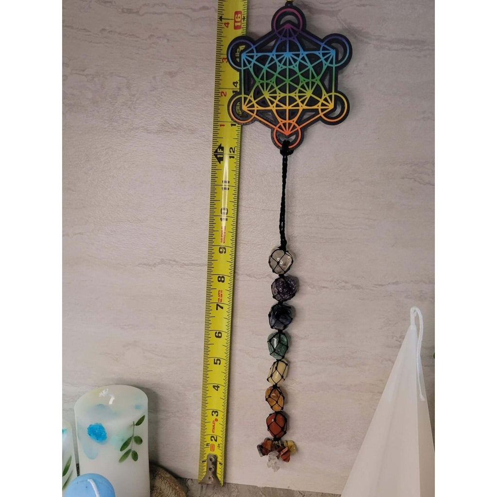 Tie Dye Wooden 7 Chakra Metatron Wall/Car hanging with Tumble Stones -Crystals