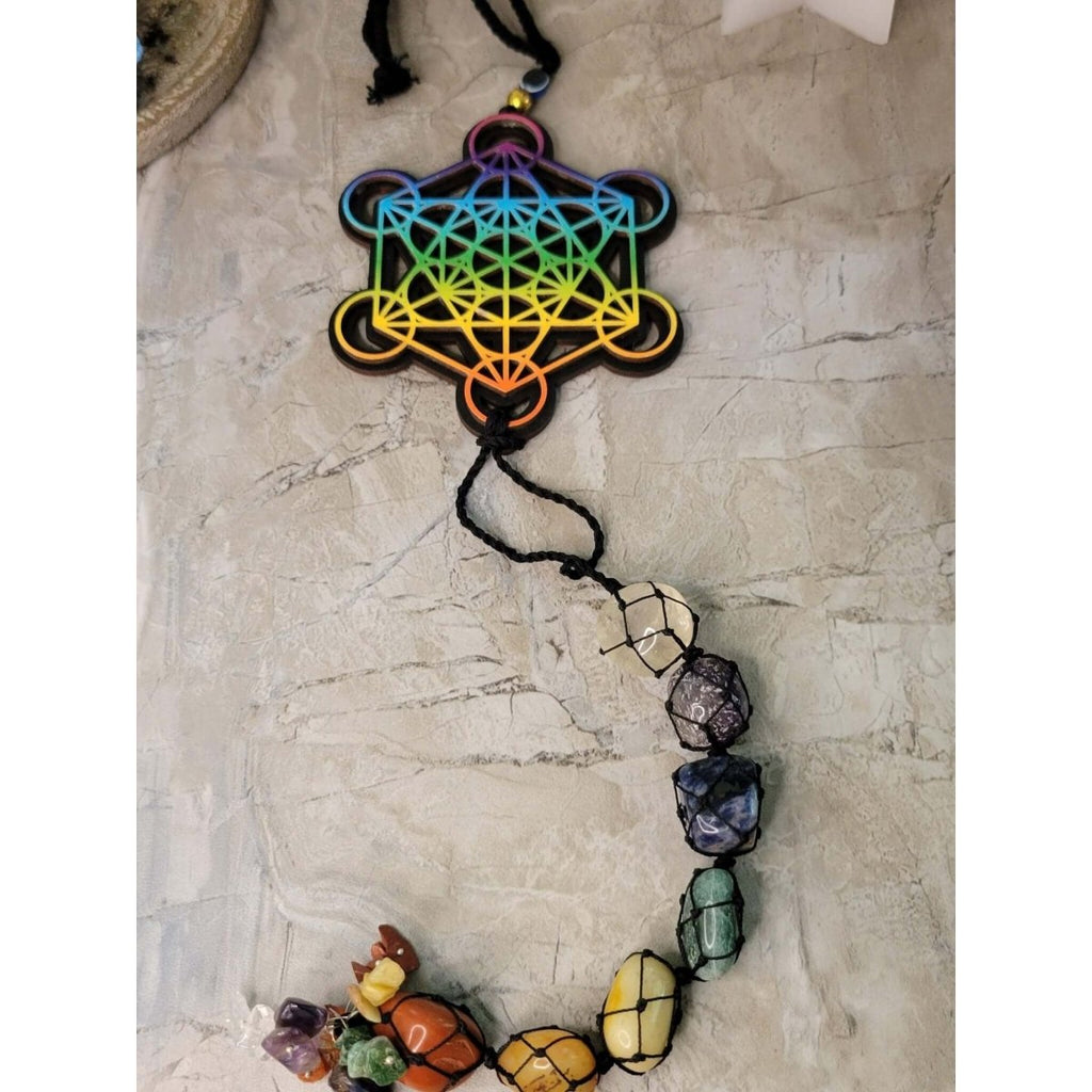 Tie Dye Wooden 7 Chakra Metatron Wall/Car hanging with Tumble Stones -Crystals