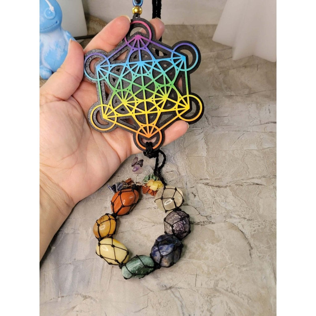 Tie Dye Wooden 7 Chakra Metatron Wall/Car hanging with Tumble Stones -Crystals