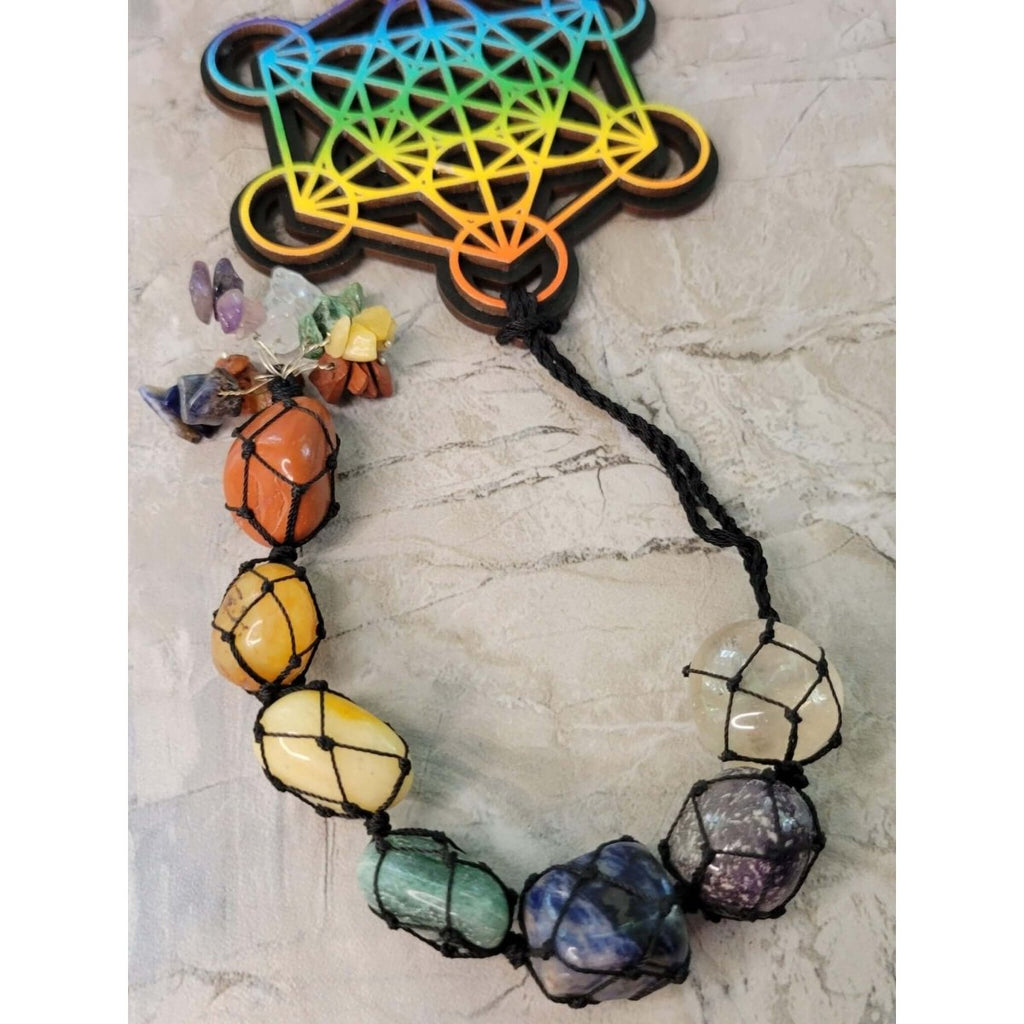 Tie Dye Wooden 7 Chakra Metatron Wall/Car hanging with Tumble Stones -Crystals