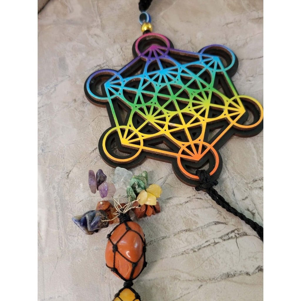 Tie Dye Wooden 7 Chakra Metatron Wall/Car hanging with Tumble Stones -Crystals