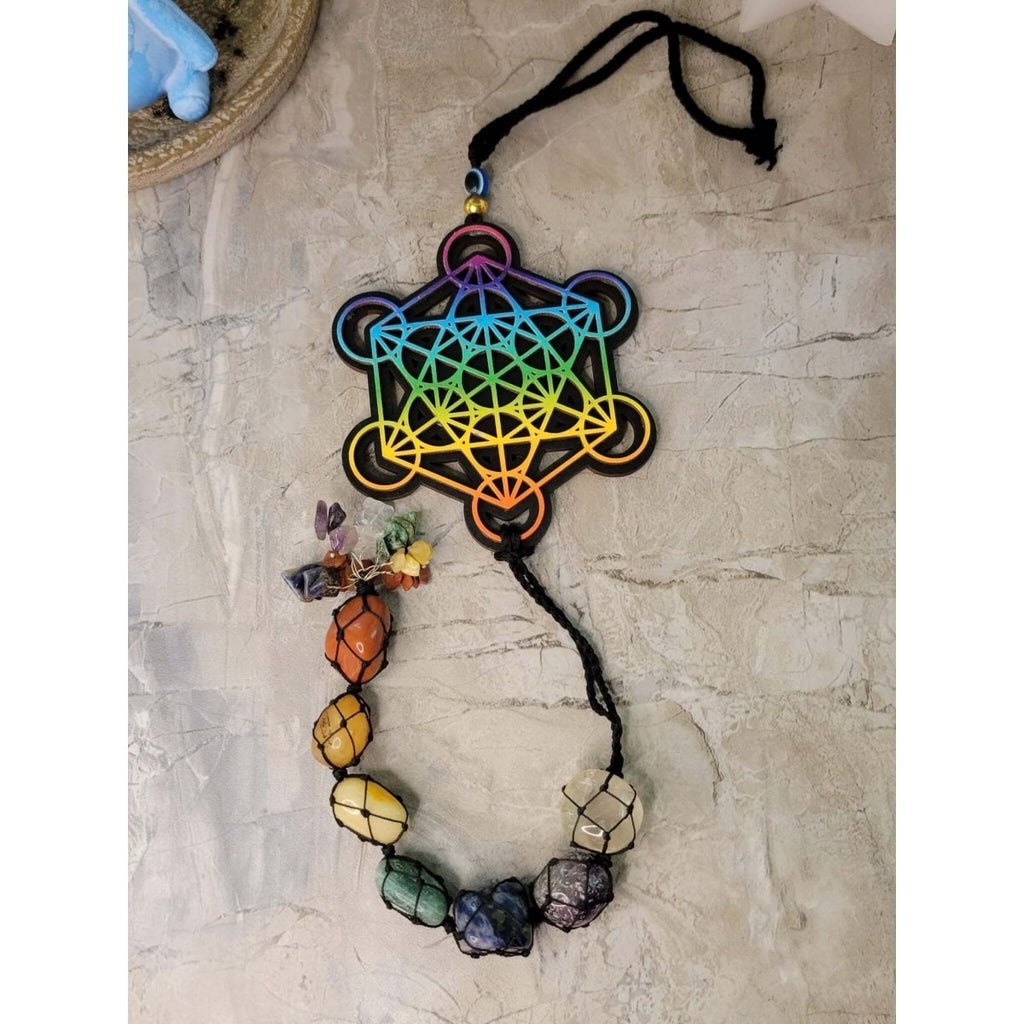 Tie Dye Wooden 7 Chakra Metatron Wall/Car hanging with Tumble Stones -Crystals