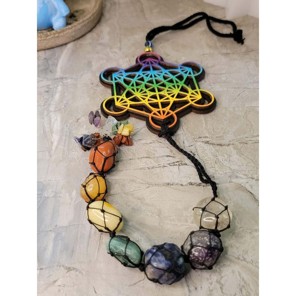 Tie Dye Wooden 7 Chakra Metatron Wall/Car hanging with Tumble Stones -Crystals