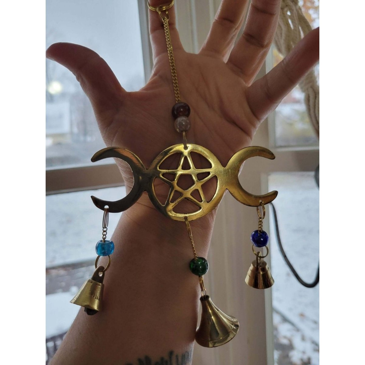 Witches bells protection rule of three with black salt and pentagram on  grape vine wreath